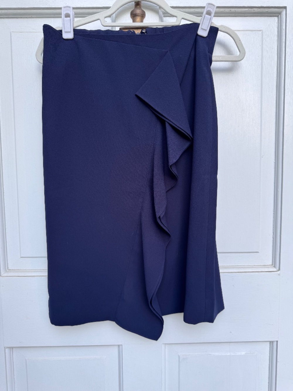 J.Crew Navy Ruffle Front Skirt Size 4 Pencil Back Zip Elastic Waist